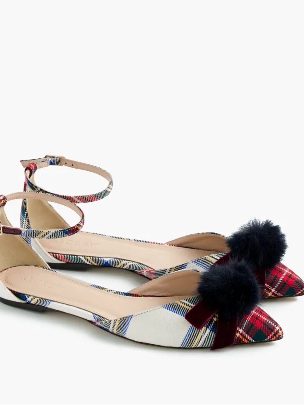 Sadie Pom-Pom Plaid  Ankle-Strap Flats with Pom Detail - tartan color size 6.5